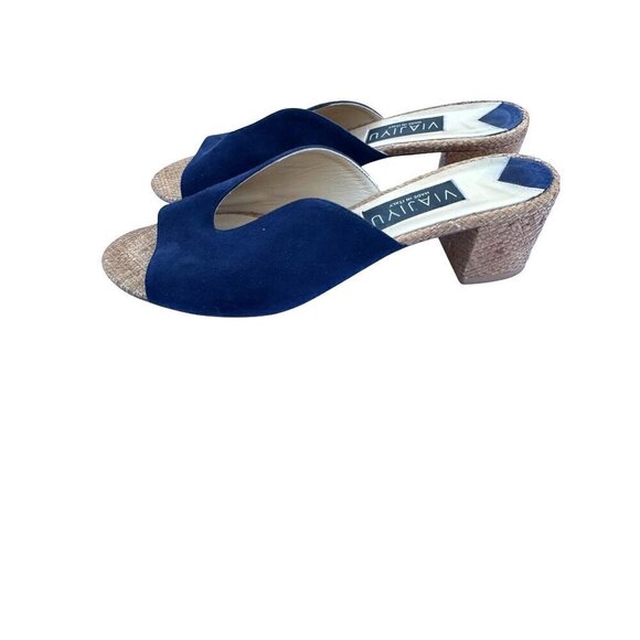 Viajiyu Blue Suede Peep Toe Sandals W/Woven Block Heel For Women Size 37- LT3246 - Picture 2 of 4